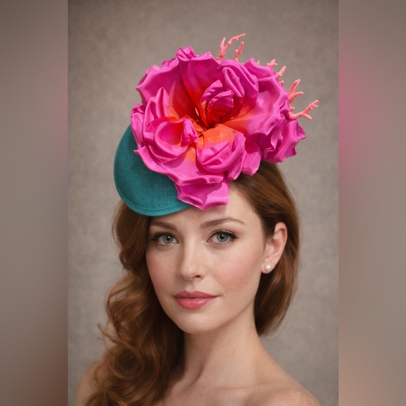 Vibrant Pink and Teal Floral + Coral Fascinator Kentucky Derby Hat Fun Headwear